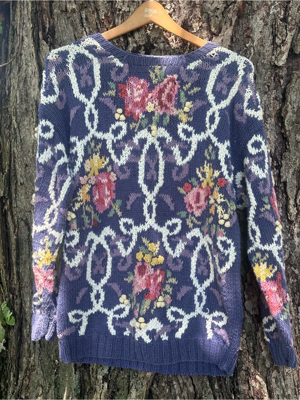 Vintage Jennifer Reed Hand Knit Floral Sweater Purple Cottagecore M